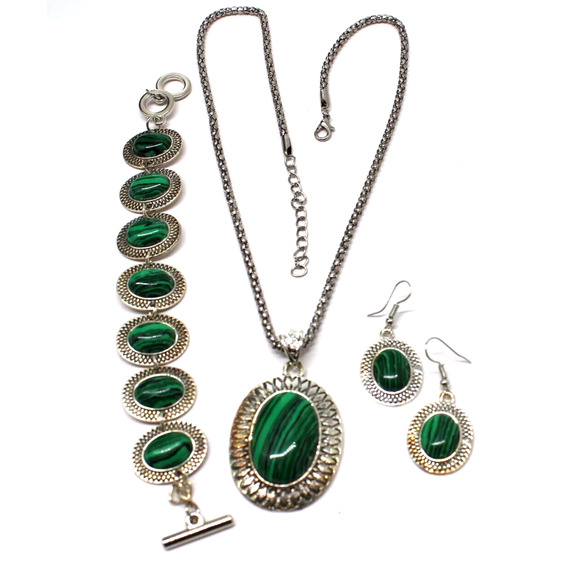 Sarah Coventry Jewelry - Faux Malechite Parure • Necklace Pendant Earrings Bracelet • SilverTone Swirl